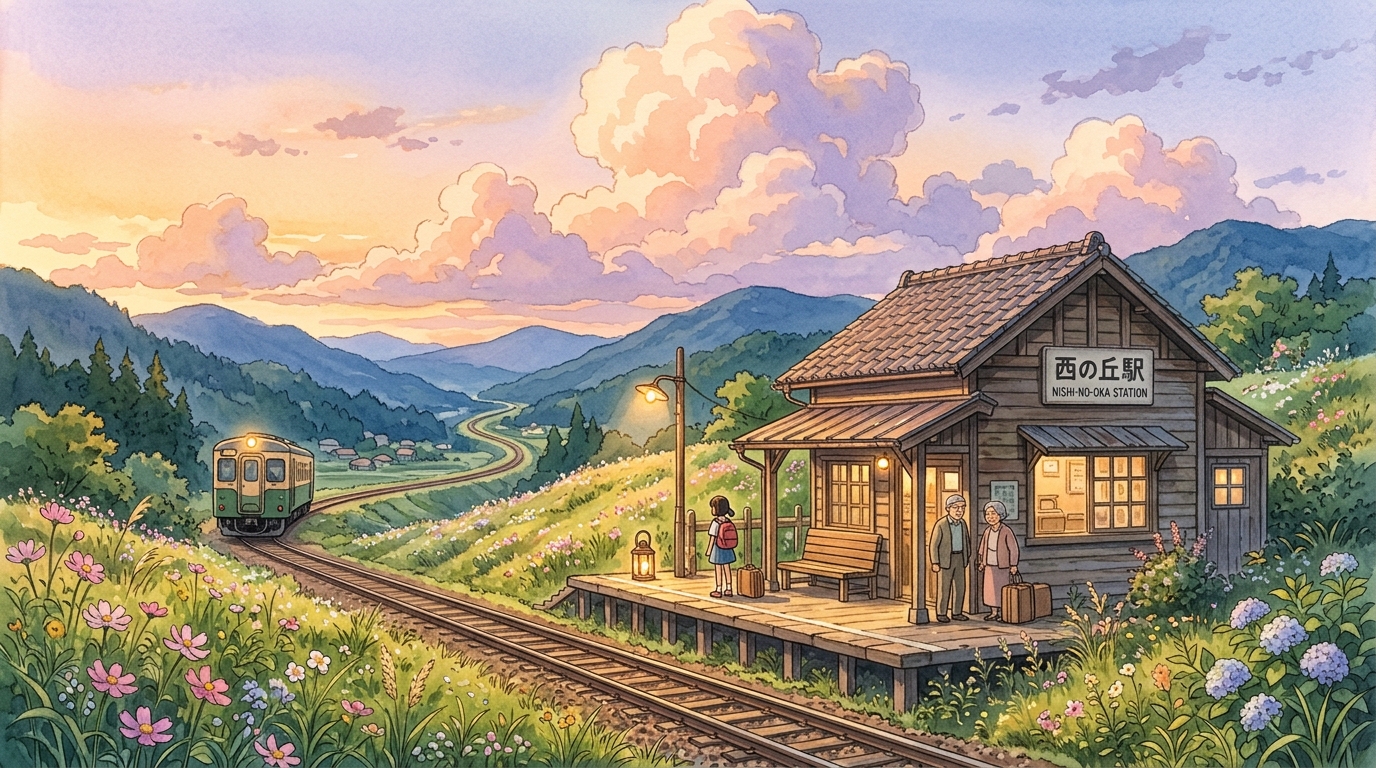 Ghibli Style Mountain Train Station at Sunset